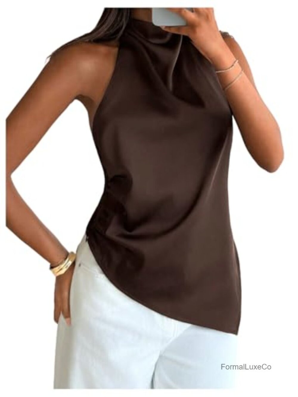Satin Asymmetrical Halter Top Backless Mock Neck Sleeveless Blouse